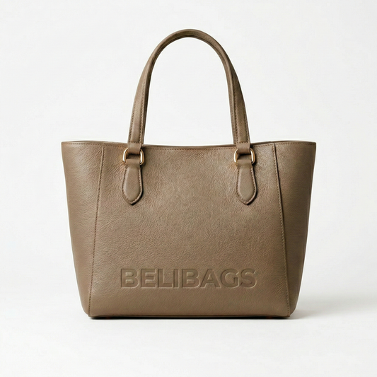 Brown handbag with 'BELIBAGS' branding on a white background